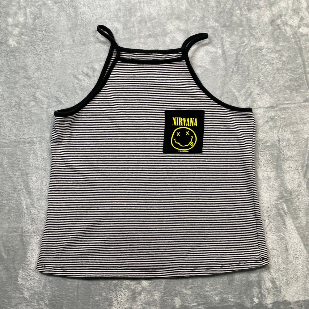 Nirvana Tank Top Women Large Black White Striped High Neck Smiley Face Graphic